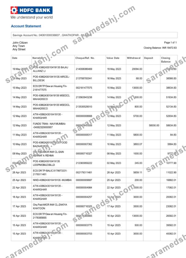 India HDFC Bank statement template, Word and PDF format